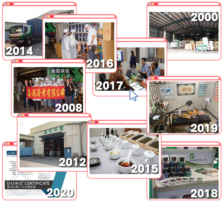 鑫冠發展歷程中2000年舊廠圖與2008年的員工合照與2014年進出口茶葉貨櫃的圖片與2016年ISO的檢測圖片與2017年清真認證的圖片與2019年受電視採訪的圖片